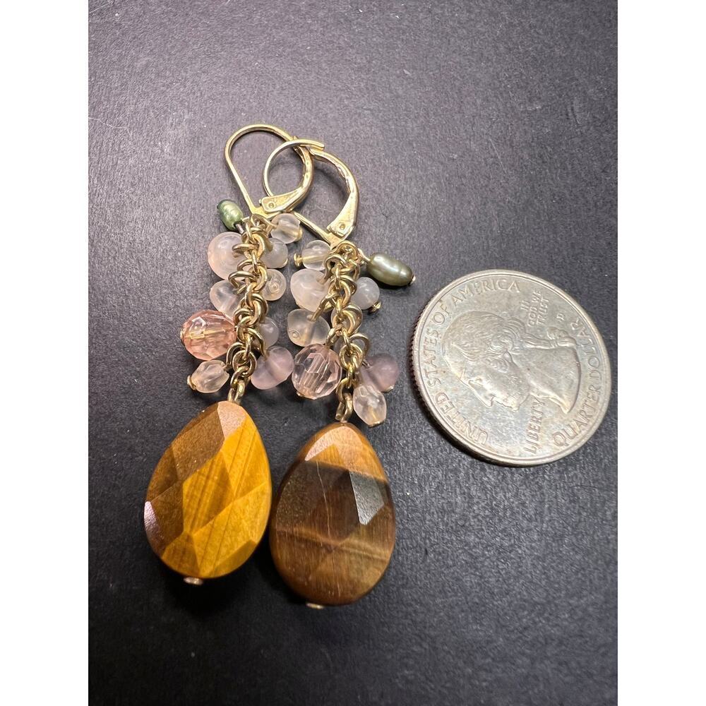 Avon tigers eye gold tone lever back chandelier earrings - Picture 6 of 7